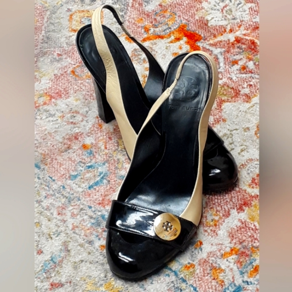 Tory Burch Black and Cream Slingback Heels Size 8M